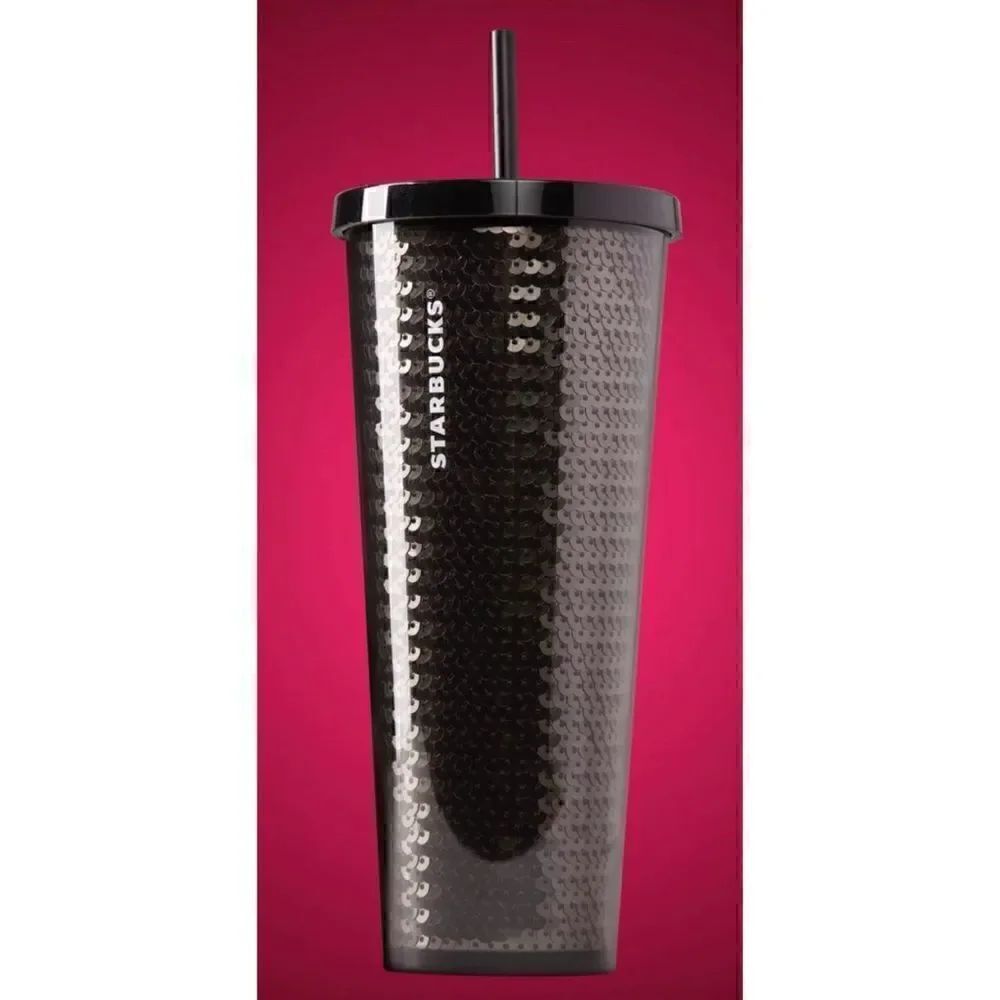 Starbucks Coffee Black Sequin 24 oz Cold Cup Tumbler Venti w/ Lid & Straw